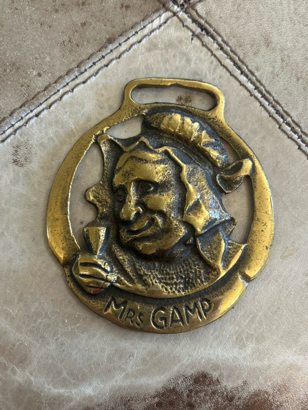 Mrs. Gamp Brass Medallion Pendant Gold Tone vintage English horse brass dickens